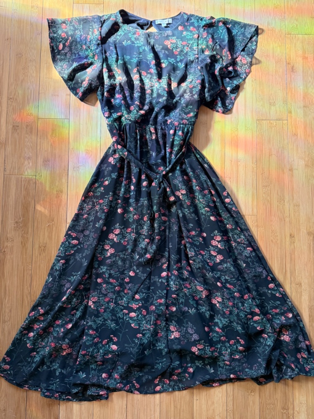 Baltic Born Black Floral Flutter Sleeve Tie Waist Midi Dress Size S